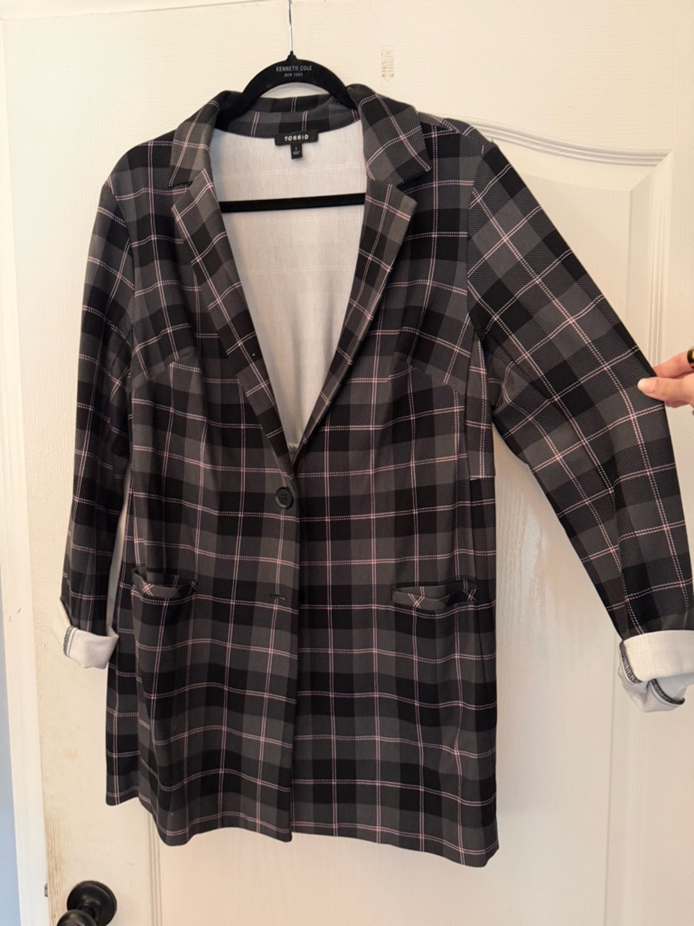 torrid Black and Pink Plaid Longline Blazer